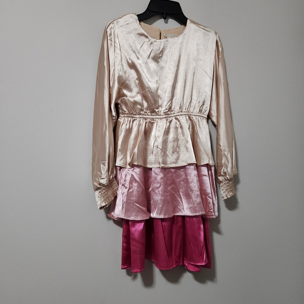 Hayden Girls Pink Ombre‎ Tiered Satin Long Sleeve Dress Size Large GY7783 NWT